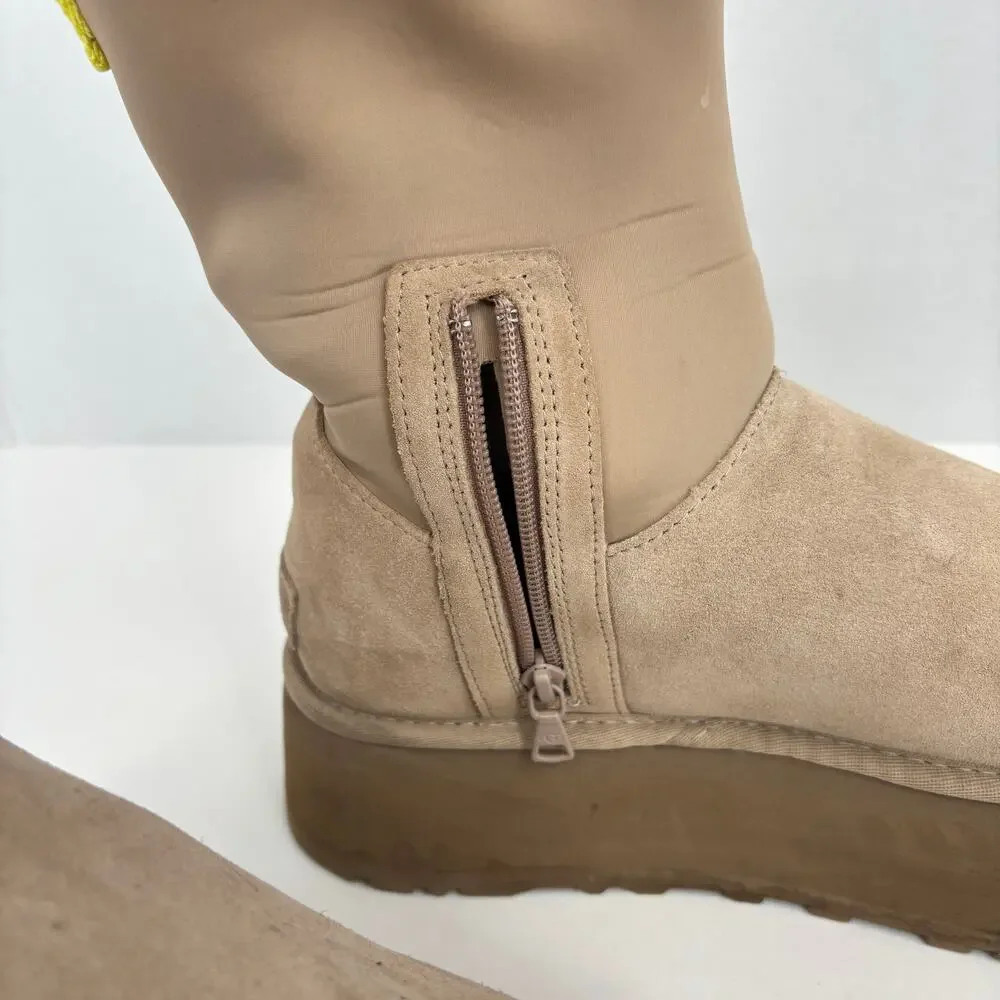 UGG Classic Dipper Platform Boots Womens Size 11 Beige Suede Neoprene Pull On